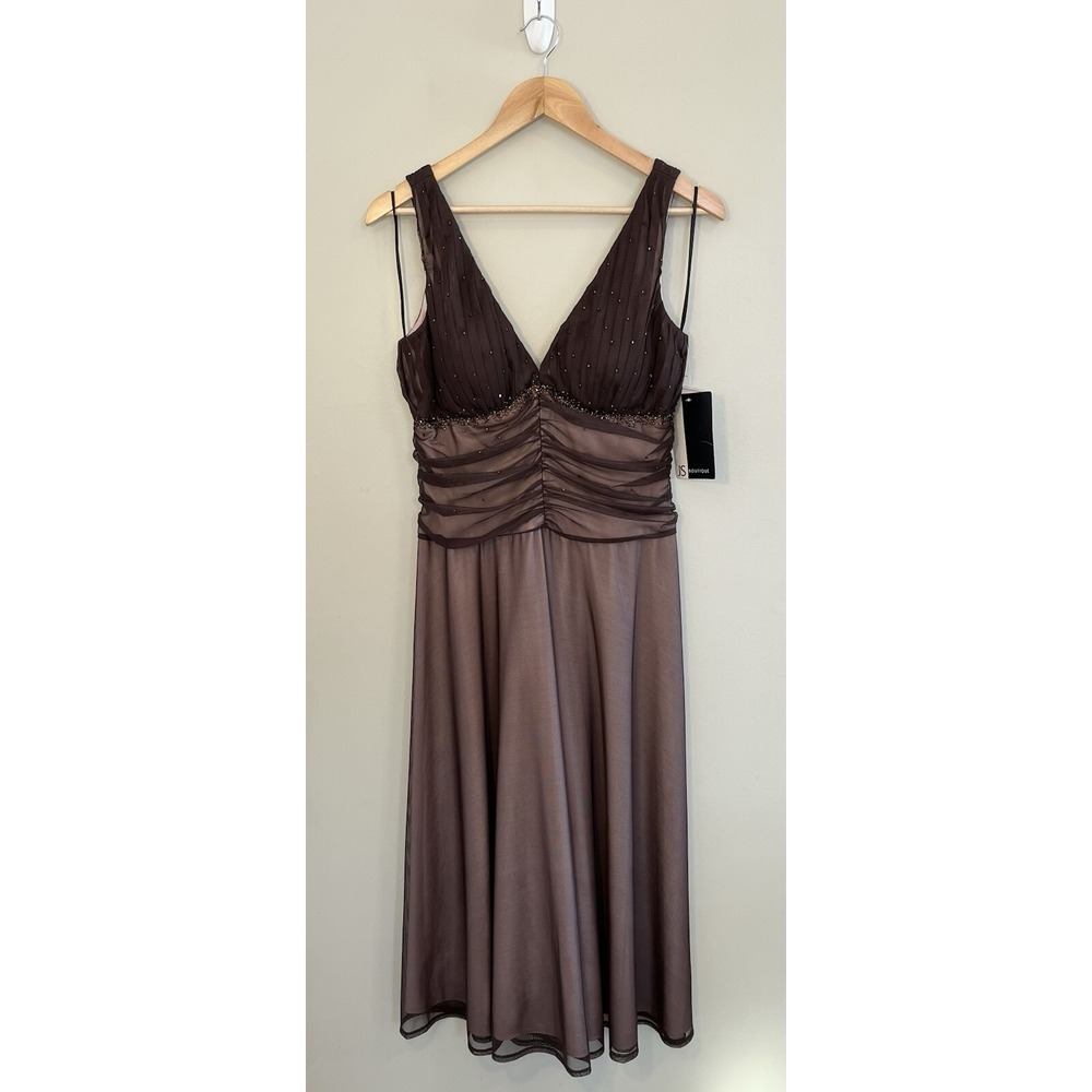 JS Boutique Y2K Dress Baby Doll‎ Beading Ruching Tulle Sheer Brown Pink NWT
